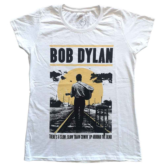White women's t-shirt with Bob Dylan "Slow Train Coming" album art.