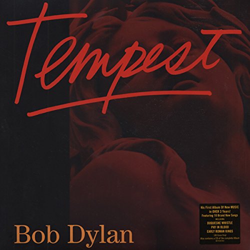 Bob Dylan’s “Tempest” vinyl album cover, red text on a dark, blurred portrait.