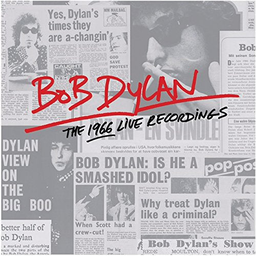 "Bob Dylan album cover with newspaper clippings and red handwritten title."