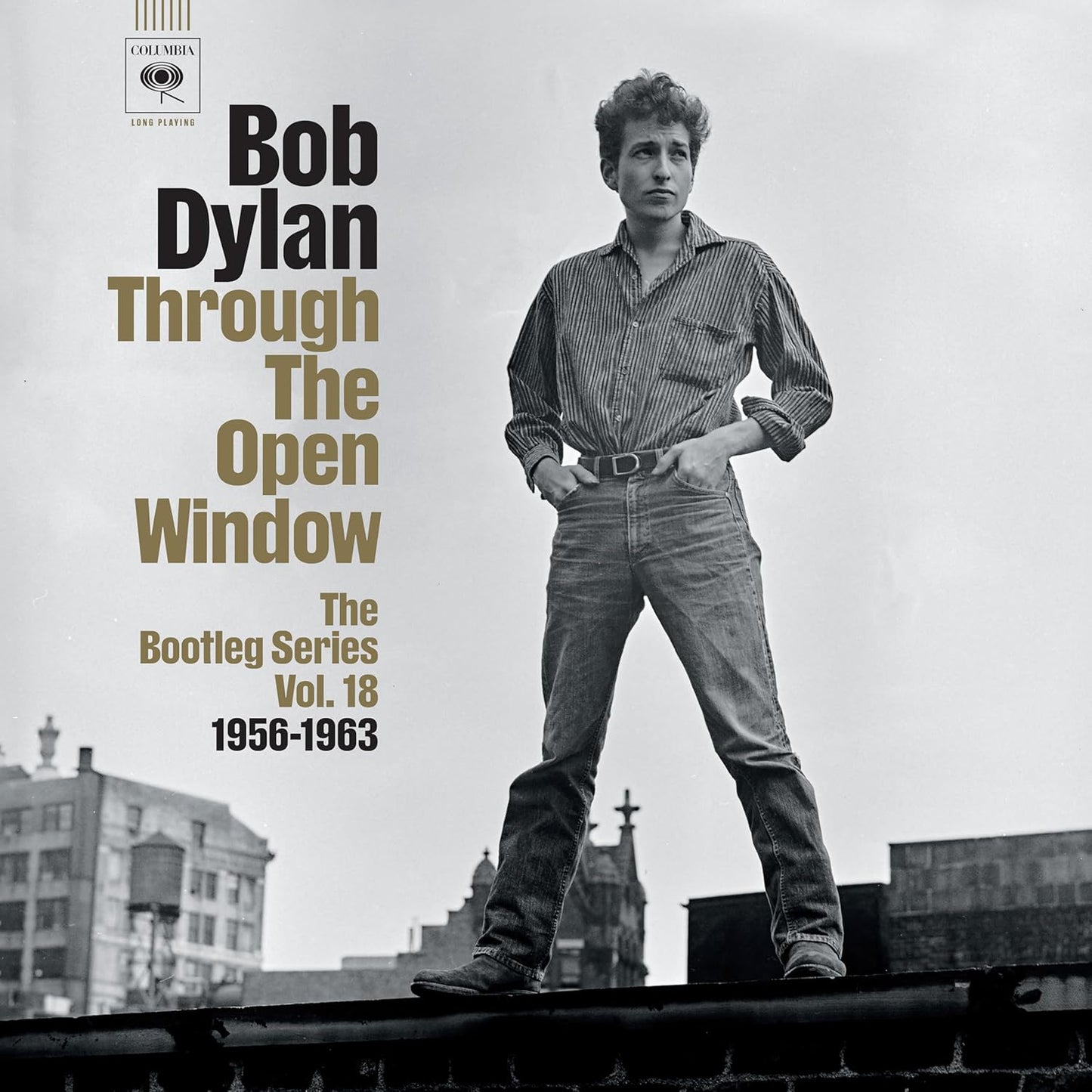 Bob Dylan album cover: black and white portrait, young Dylan on a rooftop.