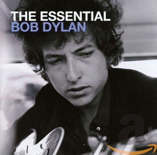Black and white portrait of Bob Dylan, album cover for “The Essential.”