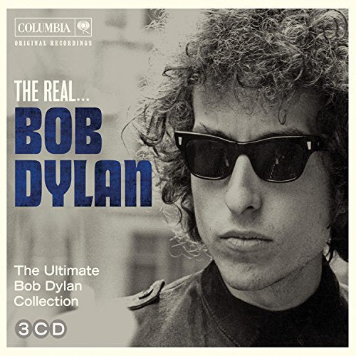 Black and white portrait of Bob Dylan wearing sunglasses on a music CD cover.