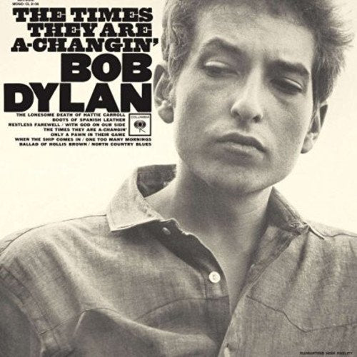 Black and white album cover featuring a portrait of Bob Dylan.