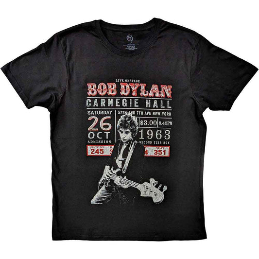Black t-shirt featuring Bob Dylan concert artwork from Carnegie Hall, 1963.