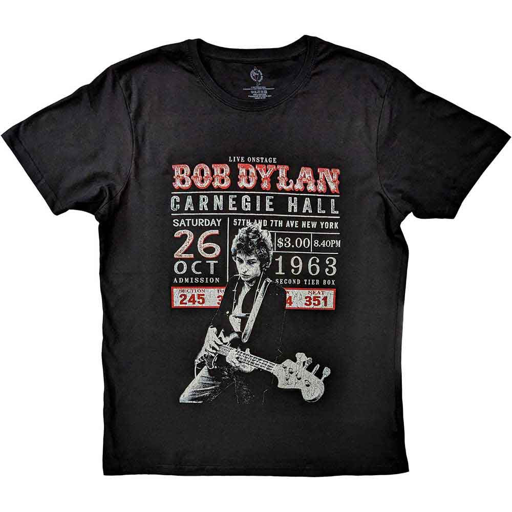 Black t-shirt featuring Bob Dylan concert artwork from Carnegie Hall, 1963.