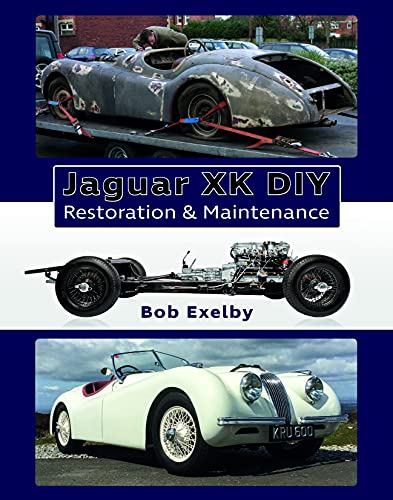"Book cover showing a damaged Jaguar XK, its chassis, and a restored model."