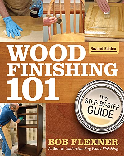 Book cover: “Wood Finishing 101” with images of woodworking and finishing techniques.