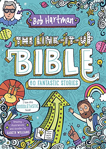 Colorful illustrated cover of "The Link-It-Up Bible" with doodles and characters.