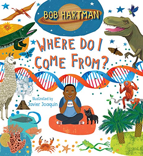 Book cover with a boy, dinosaurs, animals, and DNA imagery.