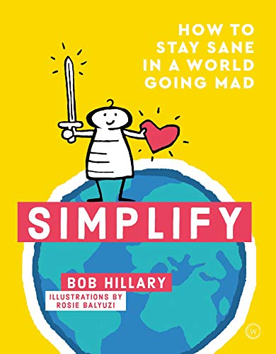 Book cover with cartoon figure holding sword and heart on Earth.