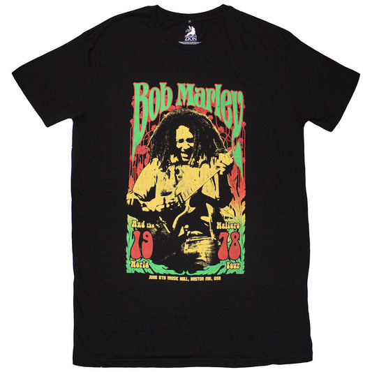 Black t-shirt dress with a colorful Bob Marley portrait graphic.