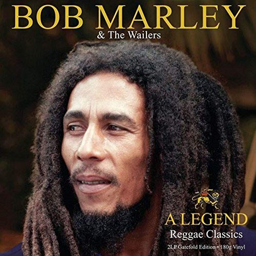 Bob Marley portrait album cover, “A Legend” with dreadlocks and text.