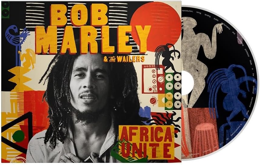 "CD case with Bob Marley's portrait and colorful abstract background, partially covering the CD."