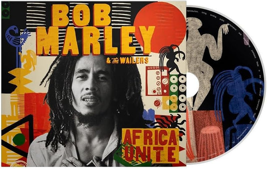 "CD case with Bob Marley's portrait and colorful abstract background, partially covering the CD."