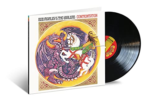 Bob Marley’s “Confrontation” vinyl record with ornate dragon and knight cover art.