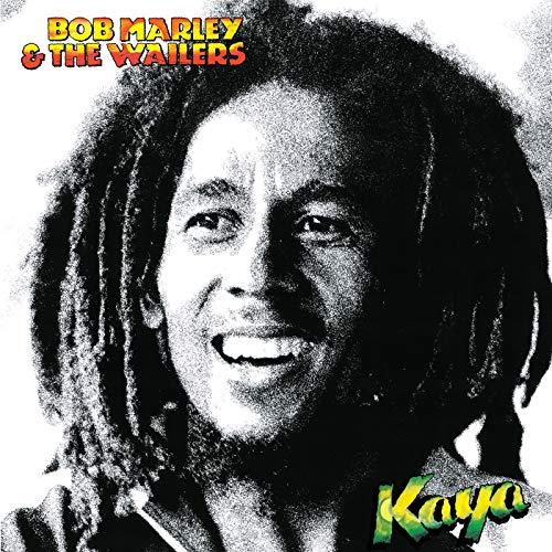 Bob Marley portrait album cover for “Kaya,” black and white with green text.