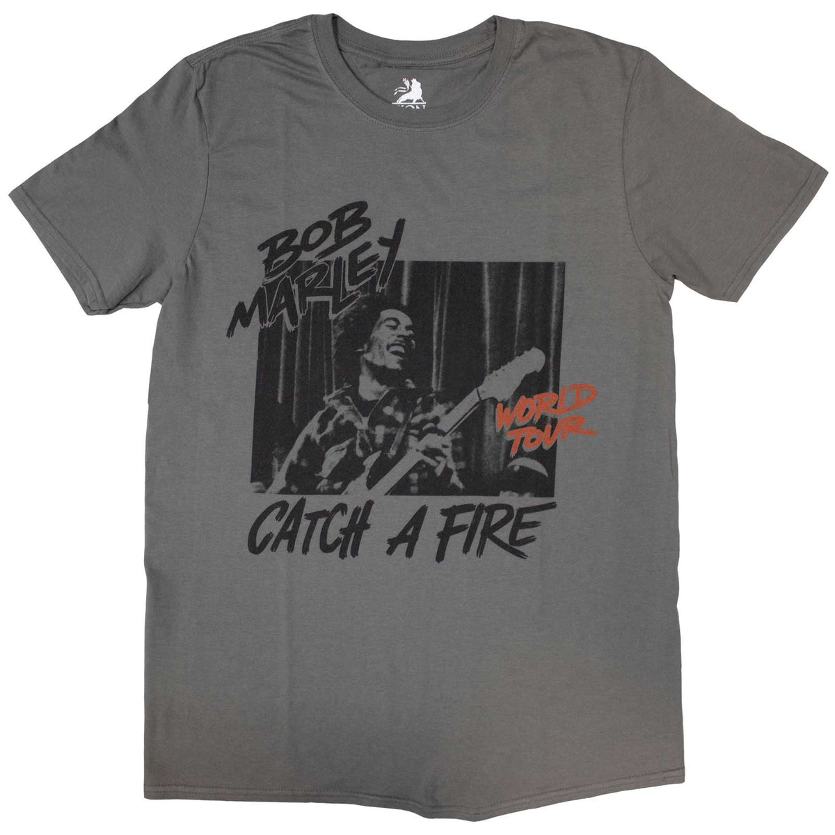 Charcoal grey t-shirt with a graphic of Bob Marley playing guitar.