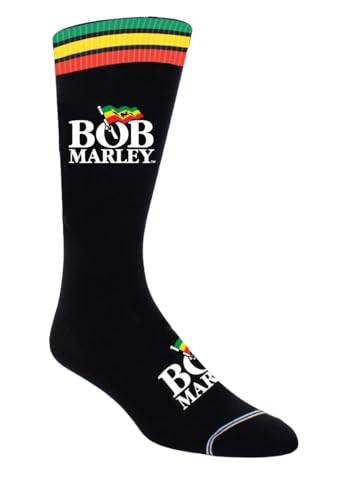 Black crew sock with Bob Marley logo and Rastafarian colors.