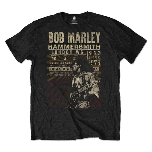 A man wearing a black Bob Marley Hammersmith 1976 concert poster graphic t-shirt.