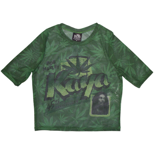 Black mesh crop top featuring Bob Marley’s “Kaya” album cover artwork.