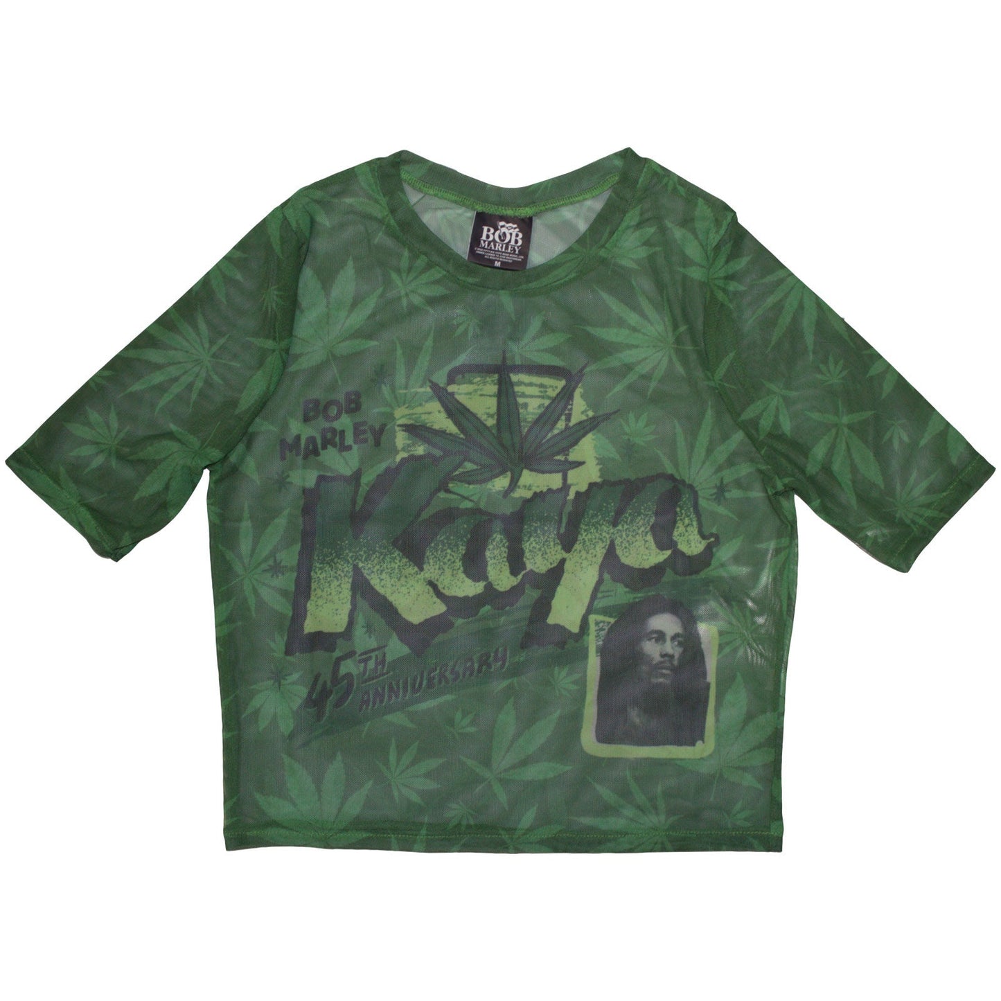 Black mesh crop top featuring Bob Marley’s “Kaya” album cover artwork.