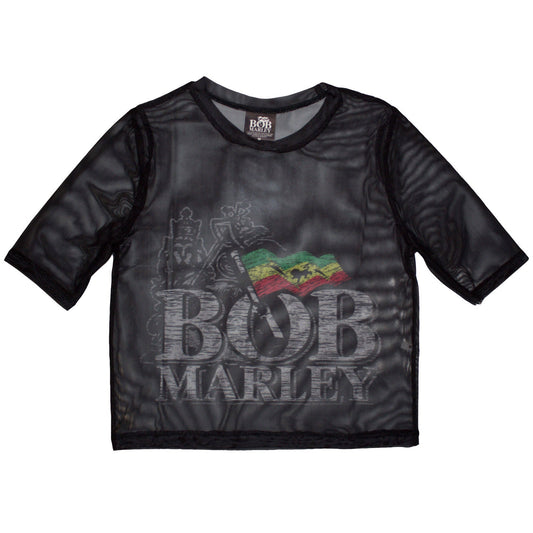 Black mesh crop top with red, yellow, and green Bob Marley logo.
