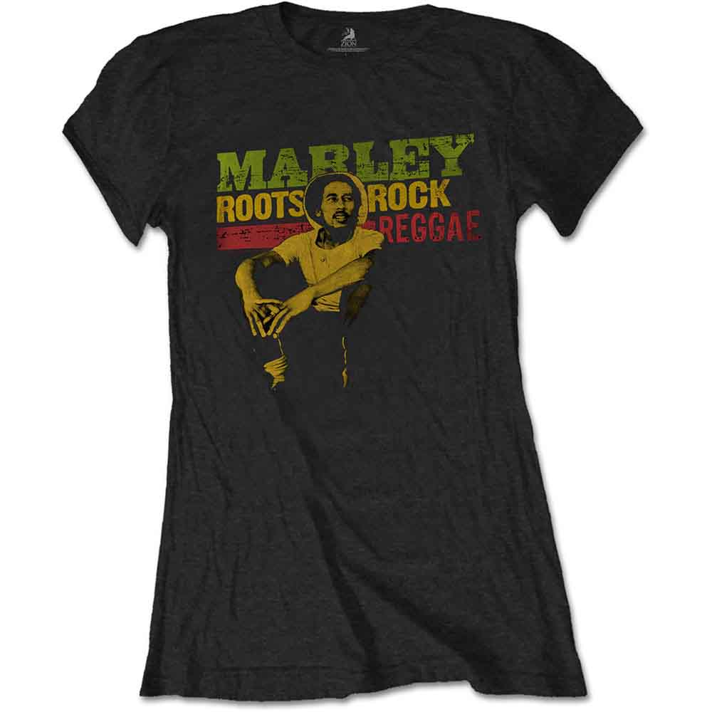Black women’s t-shirt with Bob Marley portrait and text graphic.