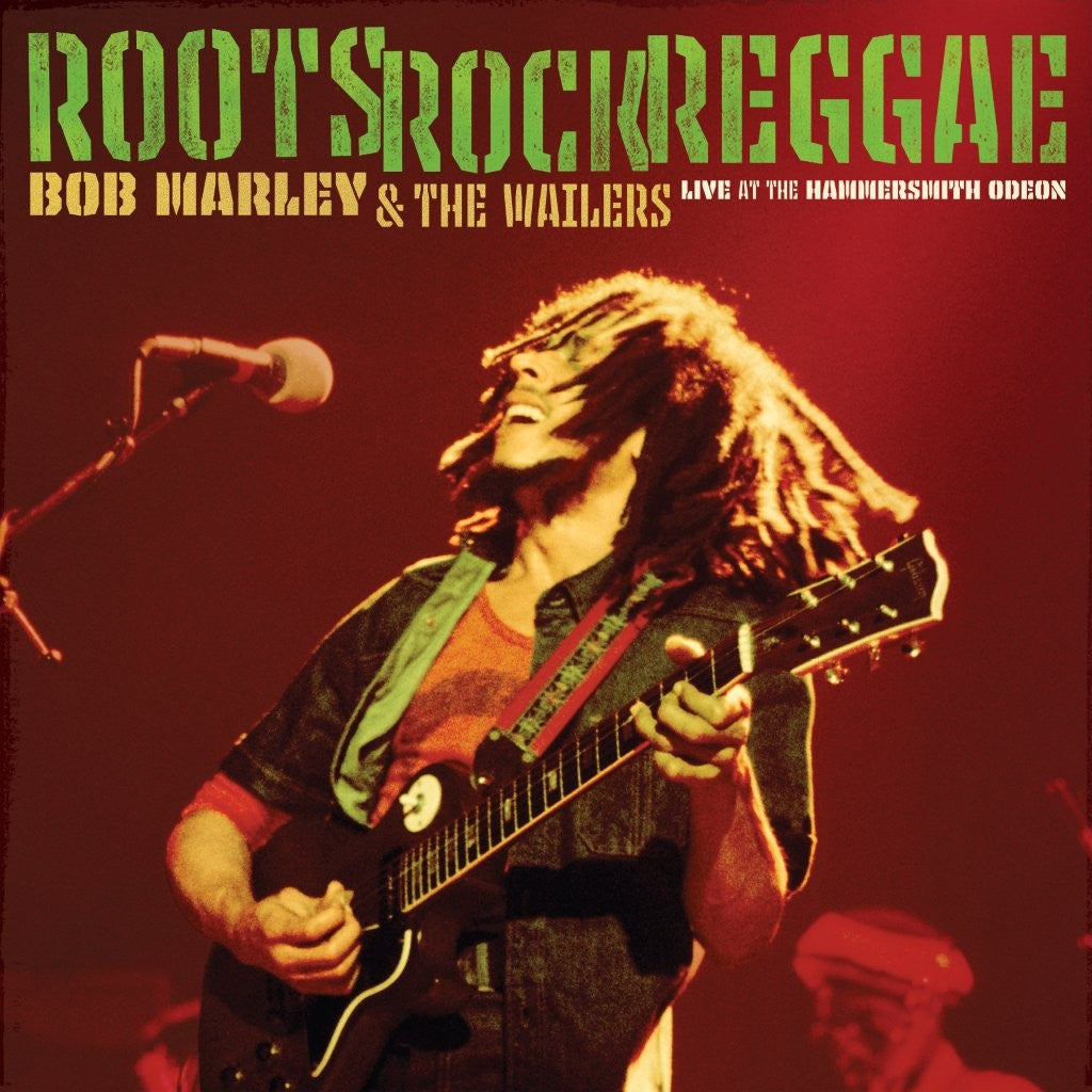 Bob Marley playing guitar live on stage, album cover art.