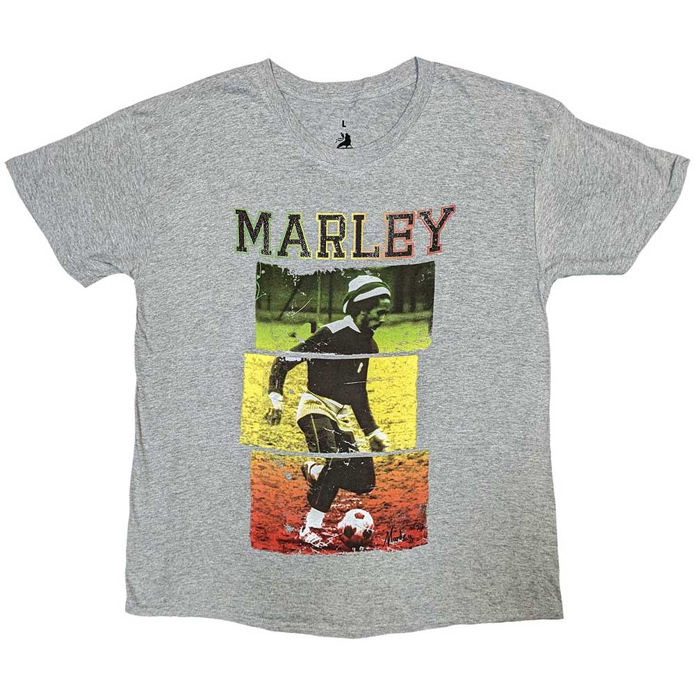 Grey t-shirt with a colorful graphic of Bob Marley playing football.