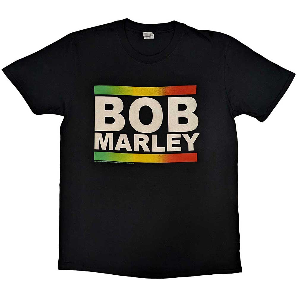 Man wearing a black t-shirt with “Bob Marley” and Rasta colors.
