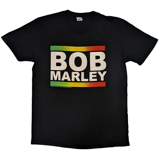 Man wearing a black t-shirt with “Bob Marley” and Rasta colors.
