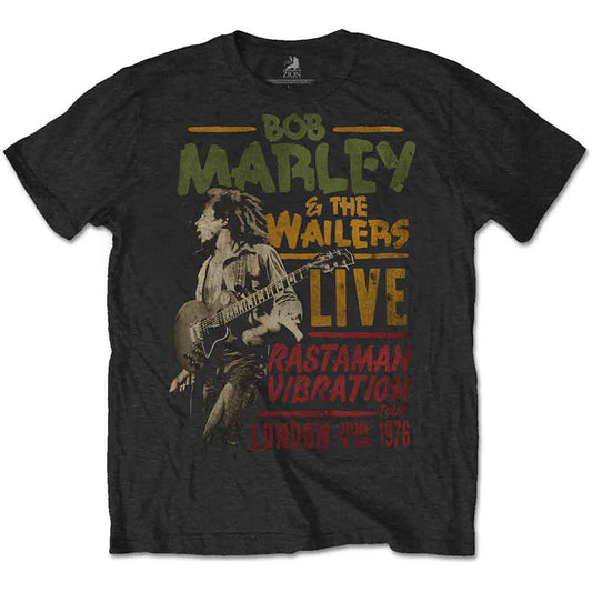 Black t-shirt with graphic of Bob Marley playing guitar, tour details.