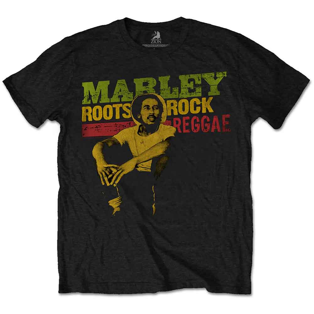 Black t-shirt with a distressed graphic of Bob Marley and text.