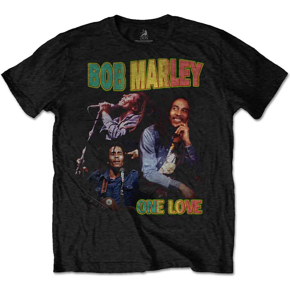 Black t-shirt with Bob Marley image and "One Love" text design.