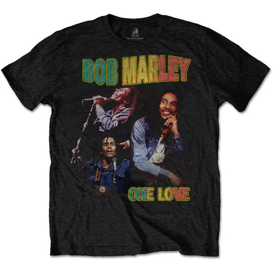 Black t-shirt with Bob Marley image and "One Love" text design.