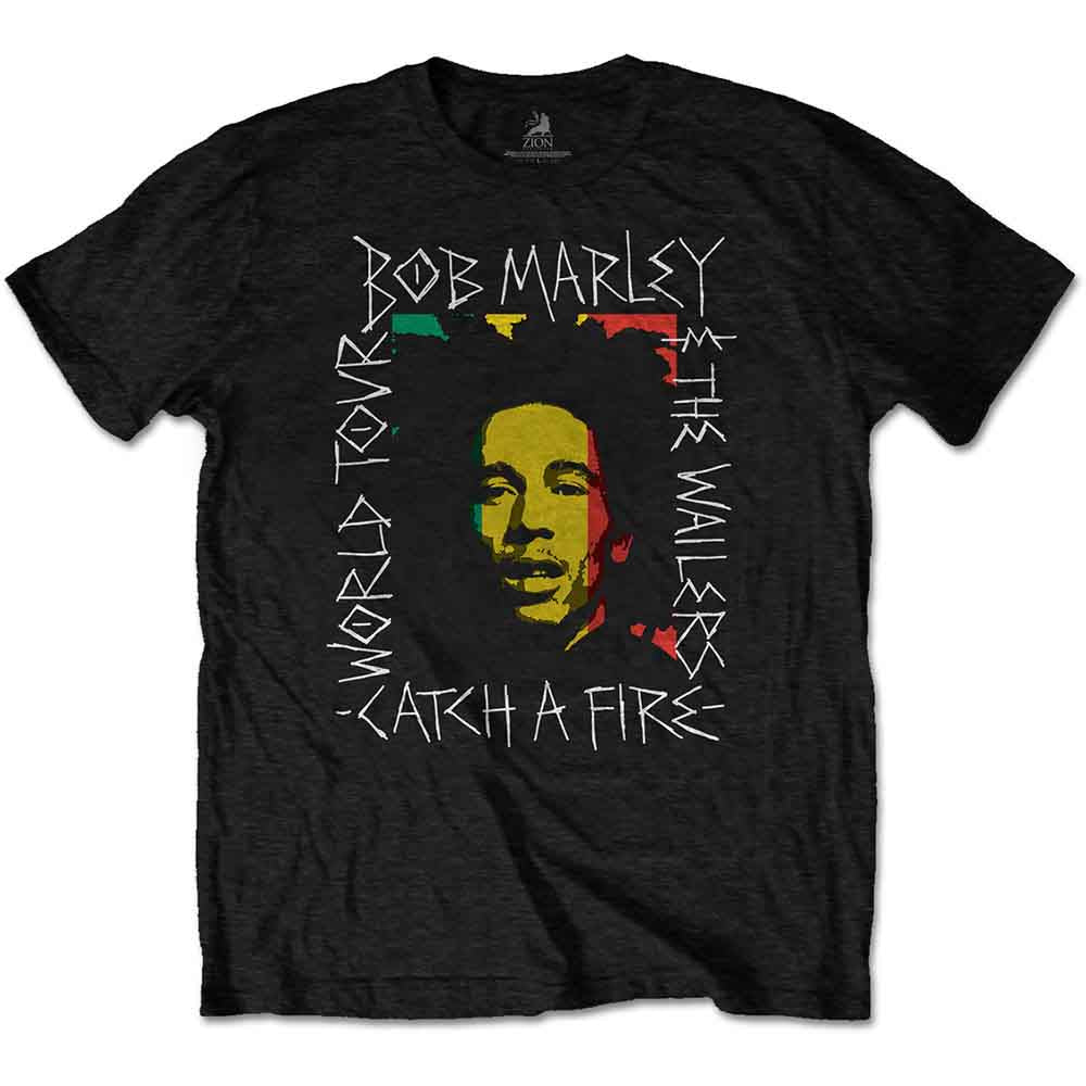 Black t-shirt with Bob Marley's portrait and "Catch a Fire" text.