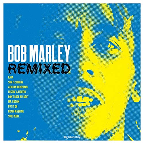 Bob Marley “Remixed” vinyl album cover, yellow and blue halftone portrait.