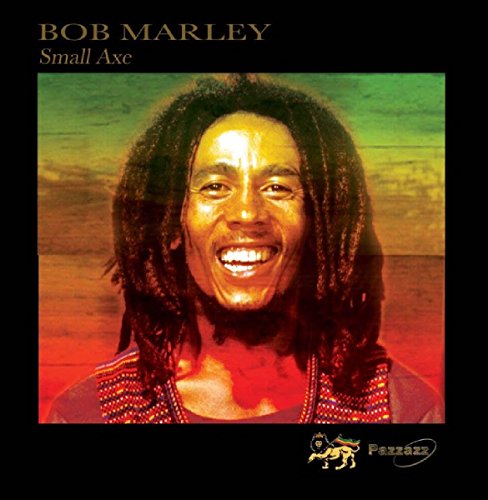 Bob Marley smiling against a background of green, yellow, and red horizontal stripes.