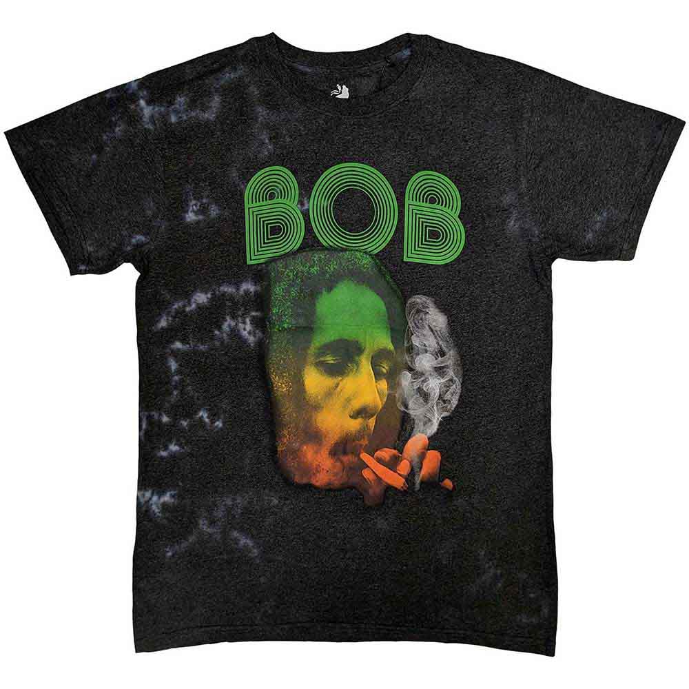 Grey tie-dye t-shirt with Bob Marley portrait and green "BOB" logo.