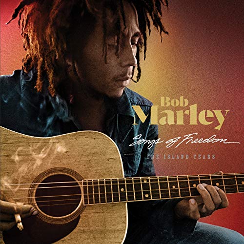 Bob Marley with guitar, album cover for "Songs of Freedom.