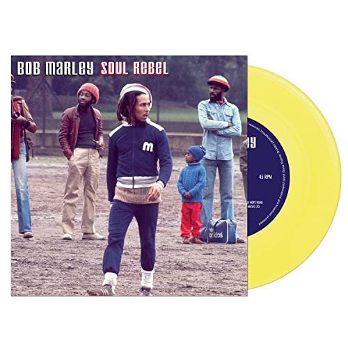 Bob Marley’s “Soul Rebel” 7-inch vinyl record with yellow disc and cover art.