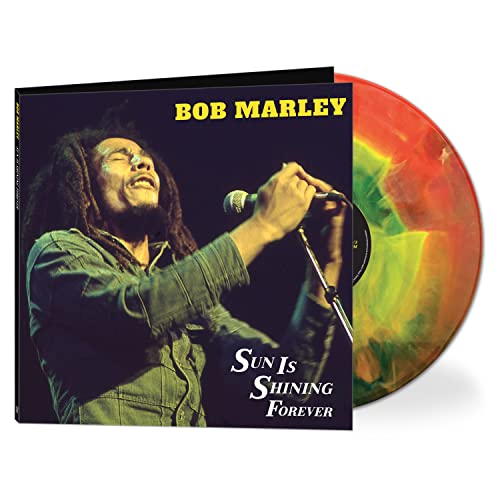 Bob Marley album cover with colorful vinyl record beside it.