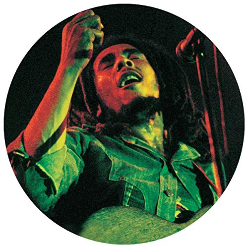 "Picture disc vinyl with Bob Marley singing, alongside album cover with tracklist."
