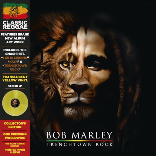 Bob Marley “Trenchtown Rock” vinyl album cover with lion portrait.