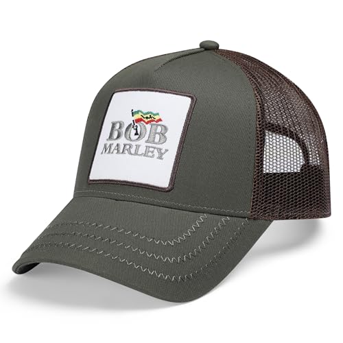 Green trucker cap with Bob Marley logo and mesh back.