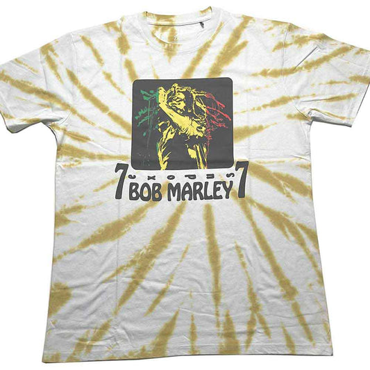 Small, washed-style t-shirt featuring Bob Marley's likeness and "77" design.