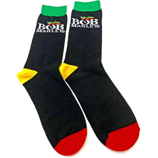Black sock with green cuff, yellow heel, red toe, and Bob Marley logo.