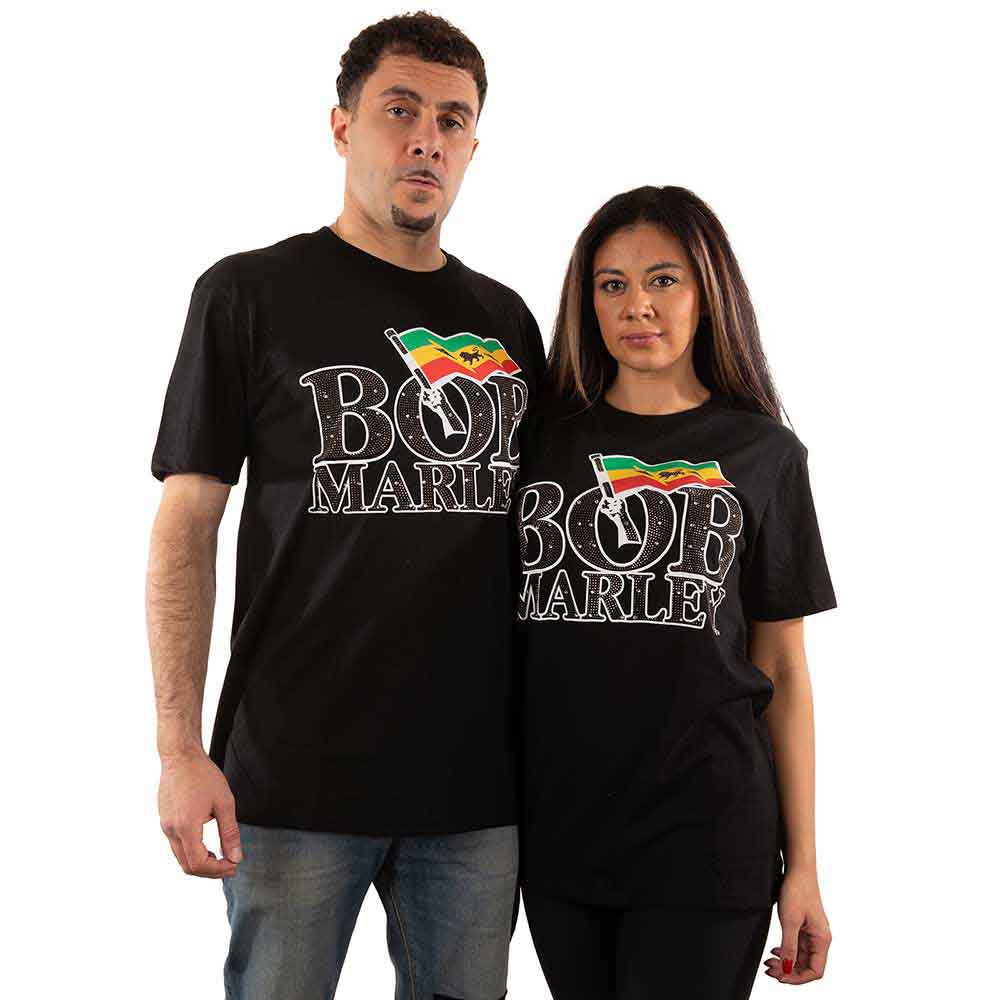 Black t-shirt with Bob Marley’s flag logo, embellished with diamante stones.