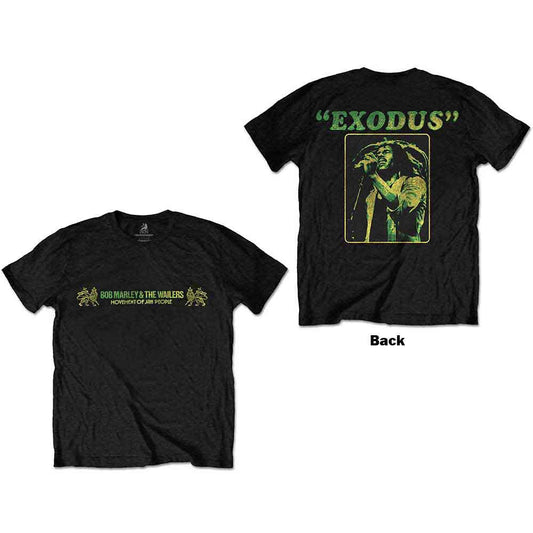 Black t-shirt with a back print featuring Bob Marley’s “Exodus” album artwork.