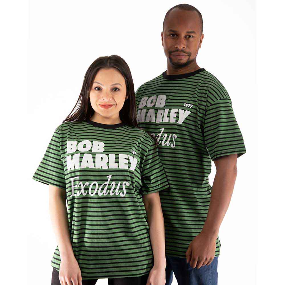 Striped t-shirt featuring Bob Marley's "Exodus" album artwork, size XX-Large.